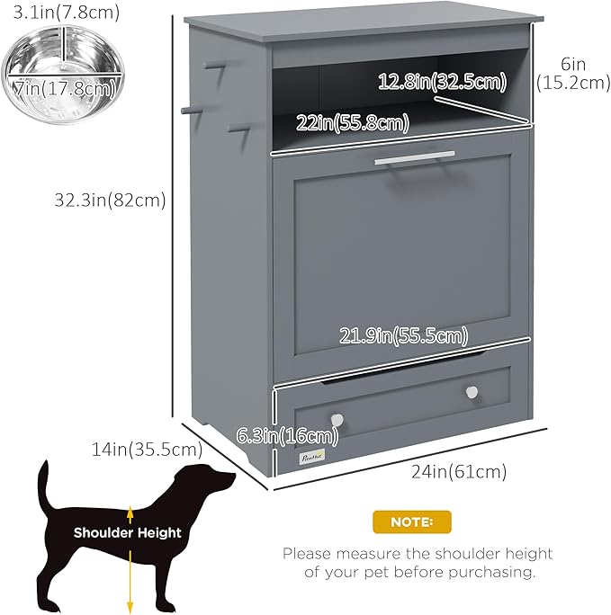 PawHut Dog Feeding Station, Dog Food Storage Pet Feeder Cabinet Container with Raised Bowls and Hanger for Feeding & Watering Supplies, Gray