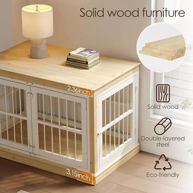 Dog Crate Furniture for Dogs - 42inch Large Dog Crate Sideboard and TV Stand, Solid Wood Chew-Proof and Silent Latches Design for Large and Medium Dogs, Wood Dog Kennel-(White+Natural)