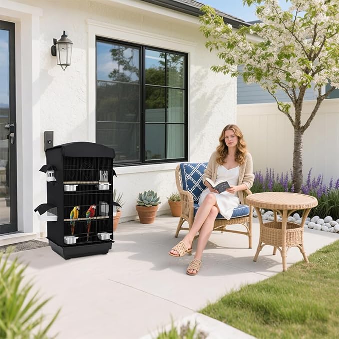 Bird Cage Cover for Night - Black Birdcage Cover with 4 Access Windows -Insulated Birdcage Cover with Dust Protection- Fits Parakeet, Cockatiel & Conure Medium Cages(17.7x13.4x32.3 inch)