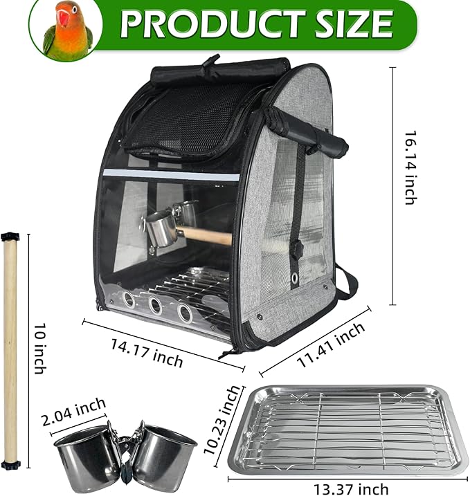 Bird Carrier Bag, Bird Travel Cage with Standing Perch and Indestructible Stainless Steel Mesh, Protable Transparent Breathable Carrier with Feeder Cups for Small Birds Parrot Parakeet, Grey