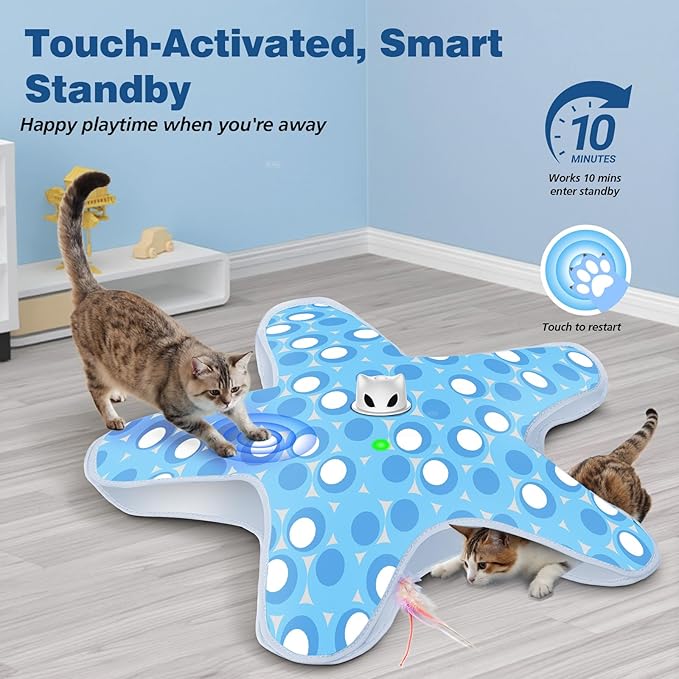 Rechargeable Interactive Cat Toys, Automatic Cat Toy for Indoor Cats, Durable Hide and Seek Cat Toy with Moving Concealed Feathers, Touch Activated Kitten Toys Cat Exercise Toys, Blue White Cover