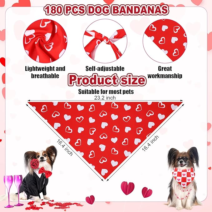 Aliceset 180 Pcs Valentine Dog Bandana Bulk Heart Bandanas for Dogs Adjustable Washable Pet Triangle Scarf Cute Red Pink Kerchief Bibs for Valentine‘s Day Pet Costume Accessories Decorations