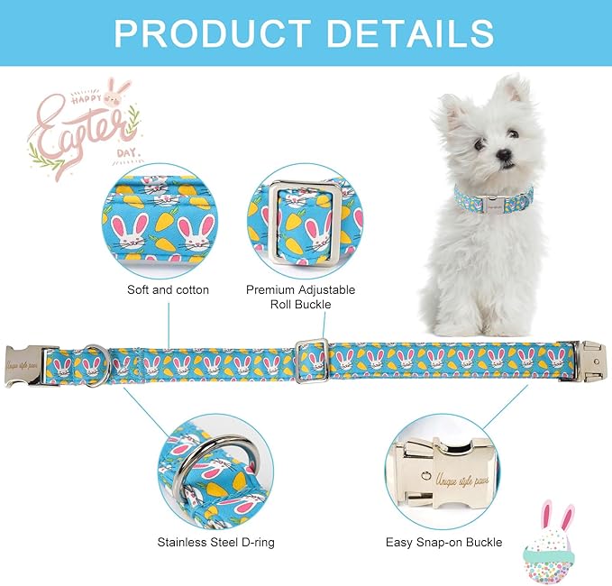 Unique style paws Dog Collar Metal Buckle Collar for Easter Gift Pink Ear Rabbit Carrot Durable Cotton Collar for Small Medium Large Boys Girls Dogs