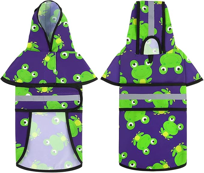 HDE Dog Raincoat Jacket Reflective Adjustable Hooded Pet Poncho Rain Coat with Leash Hole for Small to X-Large Dogs Frogs - L