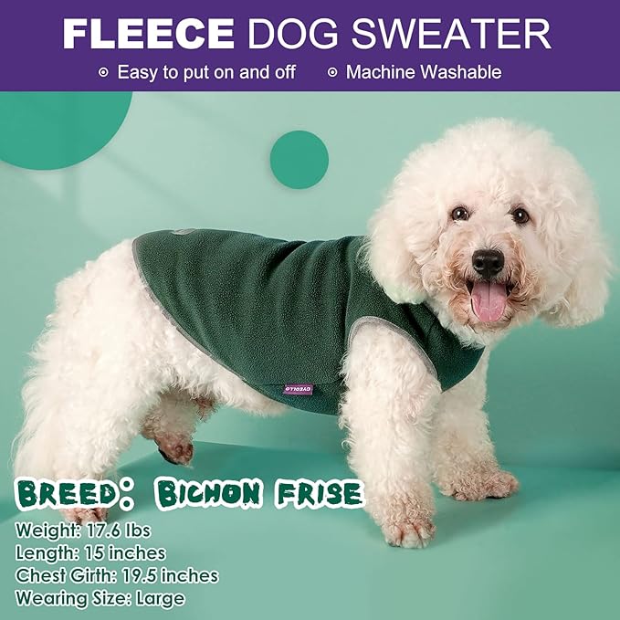 cyeollo 2 Pack Fleece Dog Sweater Stretchy Sweatshirt for Dogs Vest Lightweight Jacket with Reflective Stripe Pullover Dog Clothes XL Green & Grey