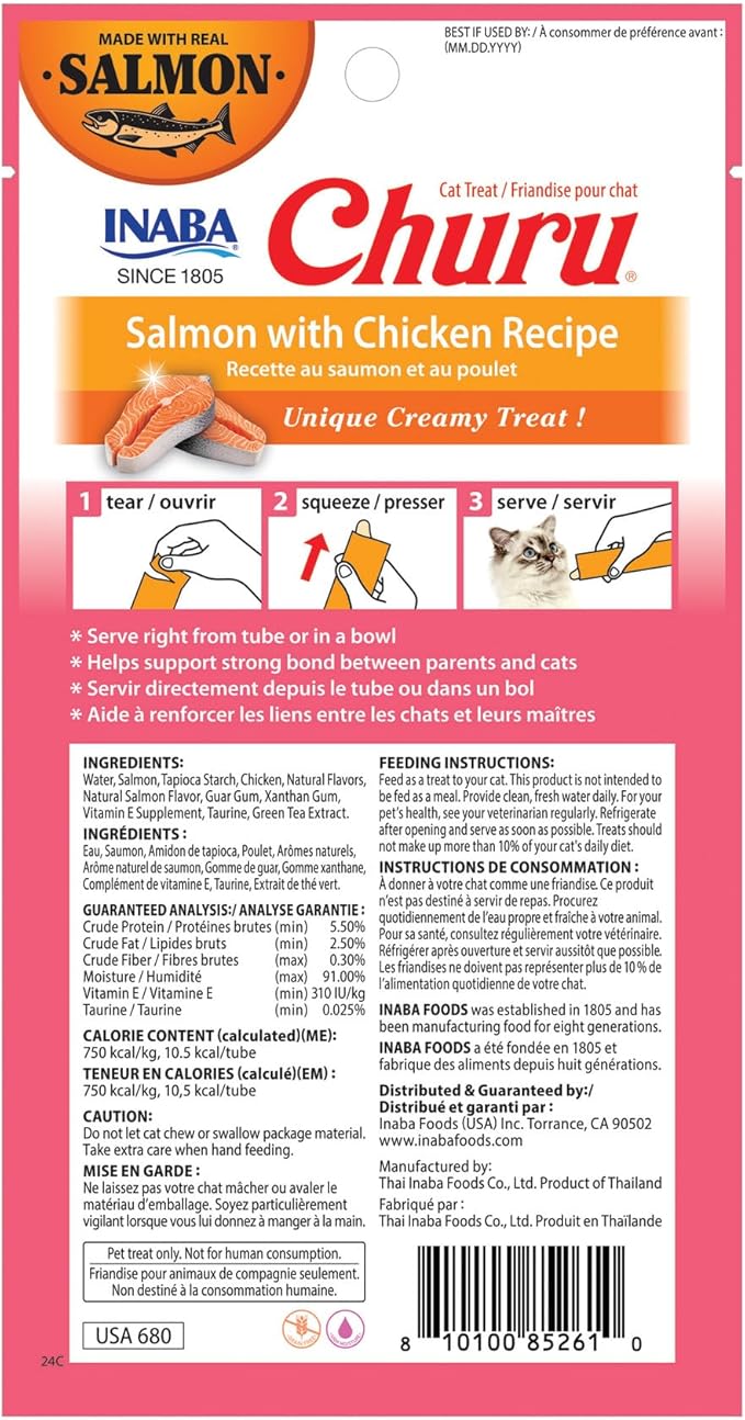 INABA Salmon Churu Cat Treats, Lickable, Squeezable Creamy Purée Cat Treat with Green Tea Extract & Taurine, 0.5 Ounces Each Tube, 24 Tubes (4 per Pack), Salmon with Chicken Recipe