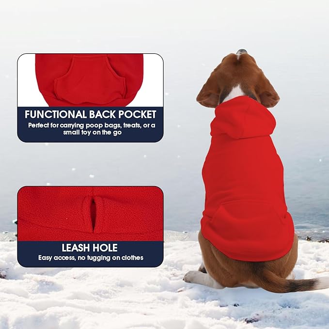 IECOii XXL Dog Hoodie for Large Dogs, Fleece Dog Sweatshirt for Large Breed Male Female Dogs,Pet Pouch Hoodie Winter Sweater Coat with Leash Hole, Warm & Lightweight Outfit for Pitbull, Red, 2XL
