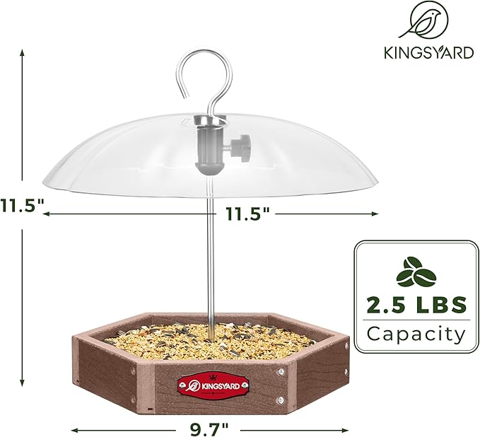 Kingsyard Large Platform Bird Feeder Outdoor Hanging, Adjustable Dome Squirrel Proof Rain Cover, Metal Mesh Tray Recycled Plastic Wild Bird Seed Feeding Station, Brown