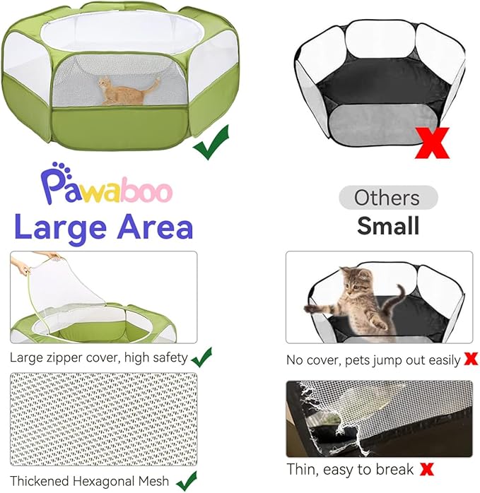 Pawaboo Extra Large 2-in-1 Small Animals Playpen, 2 Detachable Pet Cage Tent with Zipper Splicing, Portable Outdoor Yard Fence with 3 Metal Rod for Chick/Kitten/Puppy/Guinea Pig/Rabbits/Chinchillas