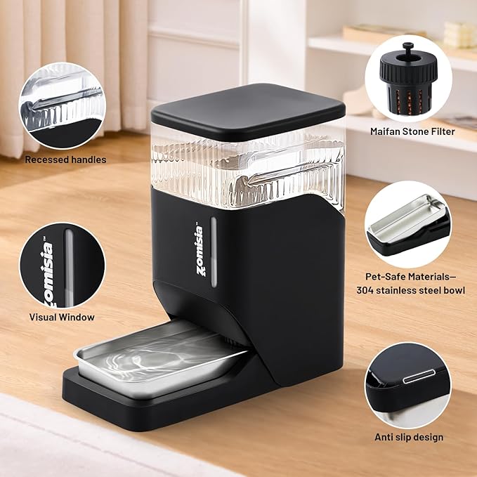 Automatic Cat and Dog Water Dispenser 6L with Stainless Steel Bowl, Gravity Water Bowl for Dogs Cats, 1.6 Gallon Pet Waterer 100% BPA Free, Black