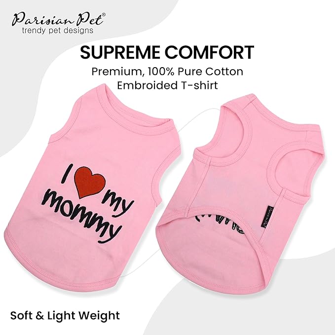 Parisian Pet Dog T-Shirt with Embroidered 'I Love My Mommy' Words - 100% Cotton, Pink Dogs Clothes - Sleeveless Pet Vest - Machine Washable Shirt for Large Dogs, 5XL