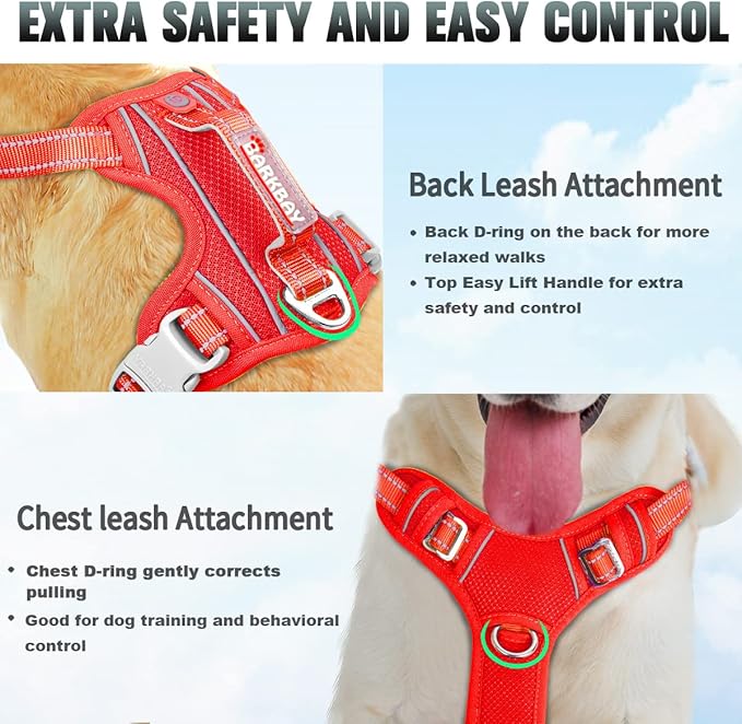 BARKBAY No Pull Dog Harness Large Reflective Dog Harness with Front Clip and Easy Control Handle for Walking Training Running with ID tag Pocket(Red,XL)