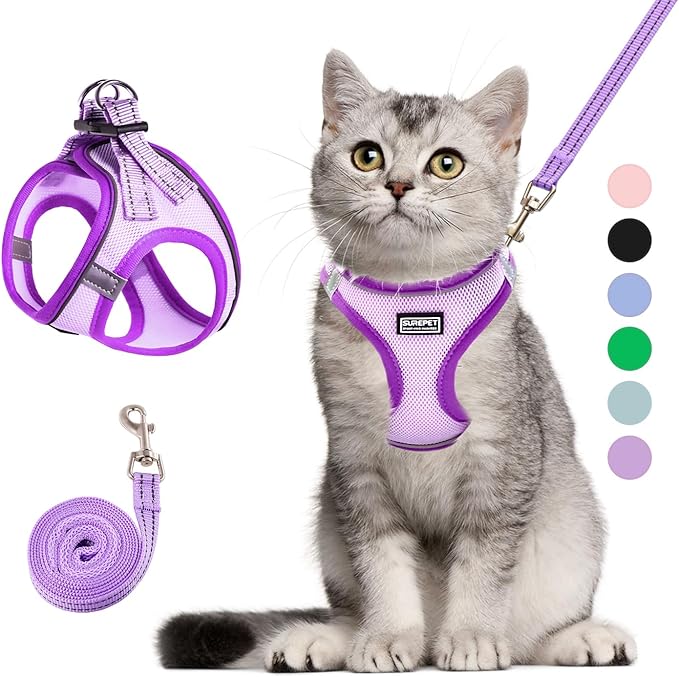 Cat Harness and Leash Set, Soft and Breathable Vest with Reflective Strip, Escape Proof Kitten Harness, Easy to Wear for Cats Walking and Traveling (Purple, M)