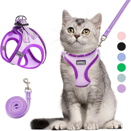 Cat Harness and Leash Set, Soft and Breathable Vest with Reflective Strip, Escape Proof Kitten Harness, Easy to Wear for Cats Walking and Traveling (Purple, M)
