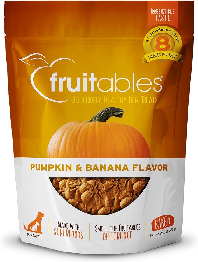 Fruitables Baked Dog Treats, Healthy Pumpkin Treat for Dogs, Low Calorie & Delicious, No Wheat, Corn or Soy, Made in the USA, Pumpkin and Banana Flavor, 12oz