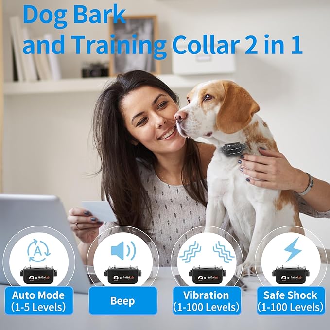 PaiPaitek 2 in 1 Dog Bark Collar and Training Collar - Smart Bark and Shock Collar Combo, Automatic Bark Collar for Large Dog with Remote 3300ft Range & Waterproof