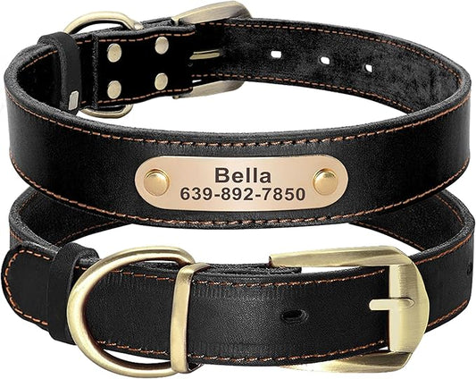 Didog Genuine Leather Dog Collars with Engraved Nameplate, Personalized Soft Leather Dog Collar with Custom ID Tag, Brown/Green/Red for Small Dogs (M,Black)