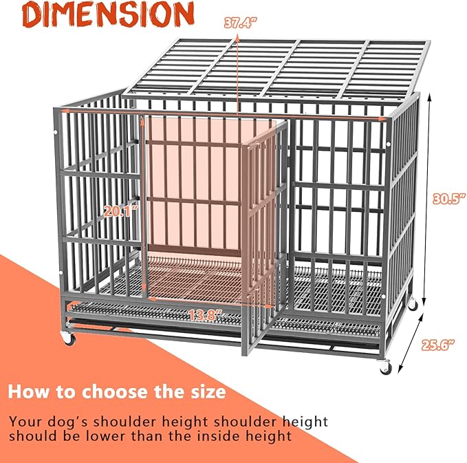LEMBERI 48/38 inch Heavy Duty Indestructible Dog Crate, Escape Proof Dog Cage Kennel with Lockable Wheels,High Anxiety Double Door Dog Crate,Extra Large Crate Indoor for Large Dog with Removable Tray