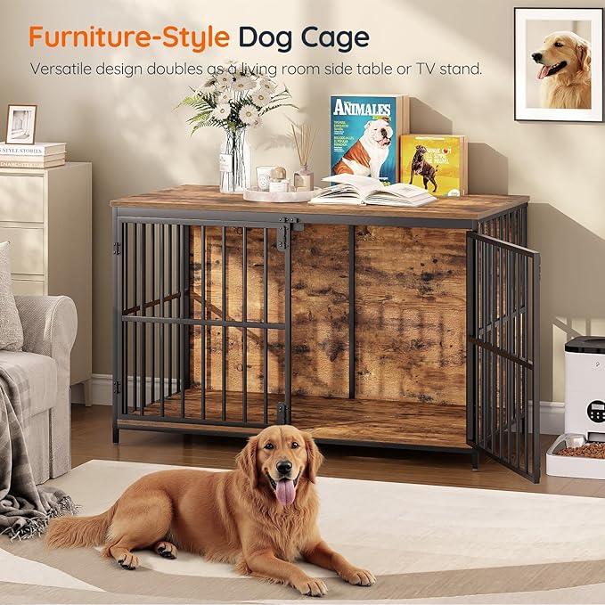 HOOBRO 46.5" Large Dog Crate Furniture, Wooden Dog Kennel Indoor, Heavy Duty Dog Cage for Large/Medium Dog, Decorative Side End Table, Rustic Brown and Black BF120GW03