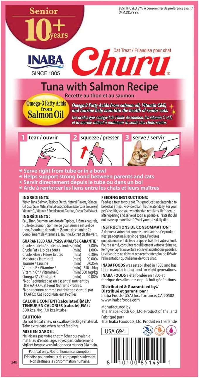 INABA Churu for Senior 10+, Creamy Lickable Cat Treats with Taurine, Vitamin E & C, 0.5 Ounces Each, 24 Tubes (4 per Pack), Tuna with Salmon Recipe