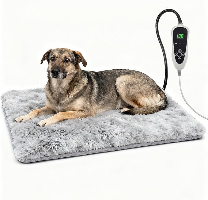 Dog Heating Pad, 32×20 in with Smart Thermostat Switch and Power Line Protection Tube,Obtained MET and UL Dual Certification,Waterproof Pet Heating Pad with Long Velvet Cloth Cover