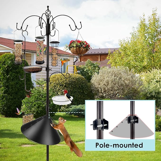 Bird Feeding Station Kit with Squirrel Baffle Bird Feeder Pole with Suet Cage Mesh Tray Fruit Hook Double W Hook for Attracting Wild Birds and Hanging Planter Hanger Lights