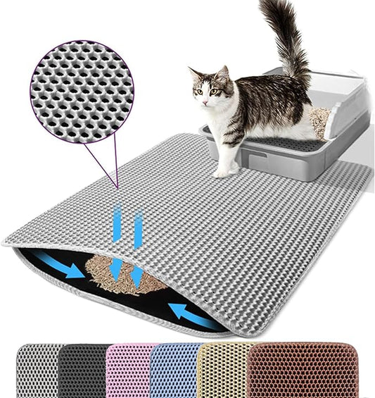 Cat Litter Mat, 24x18 Inches Large Double Layer Honeycomb Cat Litter Trapping Mat, Non Slip Waterproof Urine Proof Cat Litter Box Mat for Floor, Kitty Litter Rug, Cat Supplies, Gray