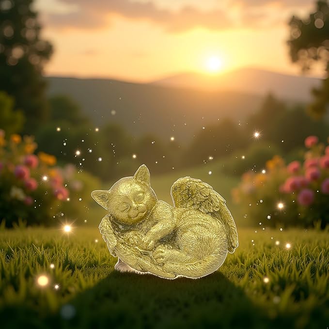 Small Cat Memorial Stone Commemorates Our Lost Fur Baby,Peaceful Sleeping Angel Statue for Garden,Indoor,Pet Grave Markers,and Loss of Cat Sympathy Gift (Gold, Small)