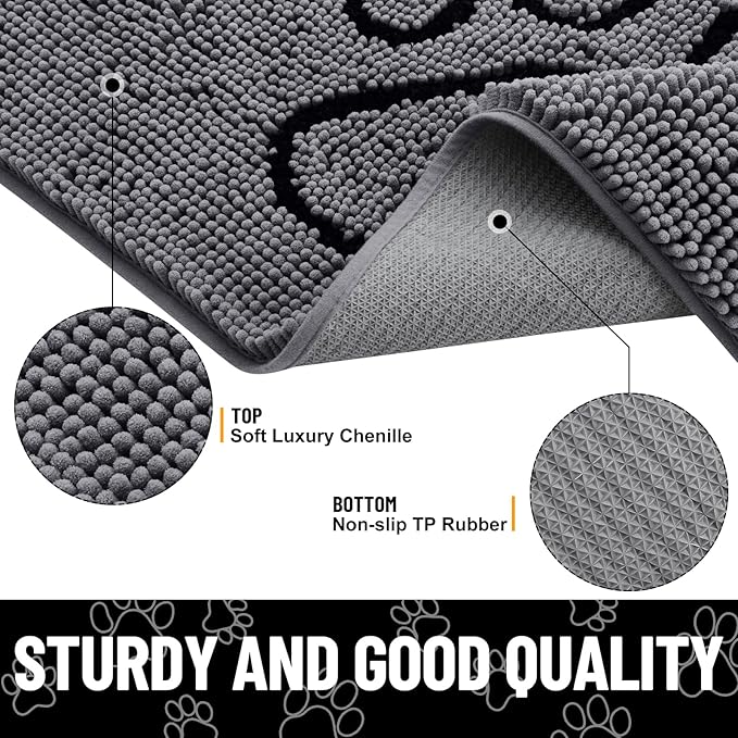 Smiry Dog Door Mat for Muddy Paws, Absorbent Dirt Trapper Non Slip Quick Dry Washable Chenille Mat for Mud Dogs, Entry Rug for Indoor and Outdoor (40x32 Inches, Dark Grey and Black)