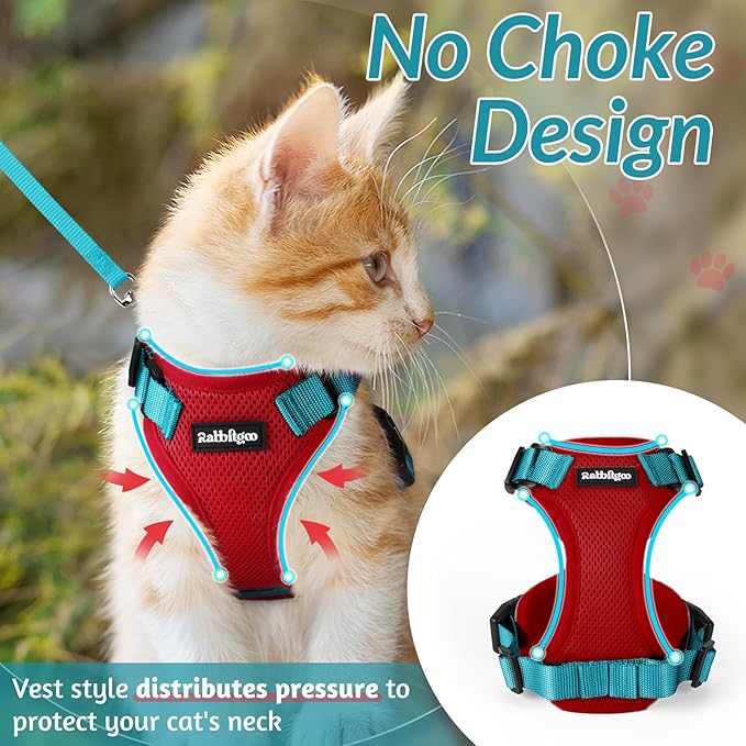 rabbitgoo Cat Harness and Leash for Walking, Escape Proof Soft Adjustable Vest Harnesses for Cats, Easy Control Breathable Reflective Strips Jacket, Red & Teal, XXS