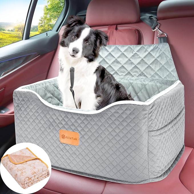 Memory Foam Booster Dog Car Seat for Medium Dogs Under 45 LBS, Elevated Pet Car Seat with Detachable Washable Cover, Anti-Slip Sturdy Dog Booster Seat with Seat Belt for Back Seat Travel