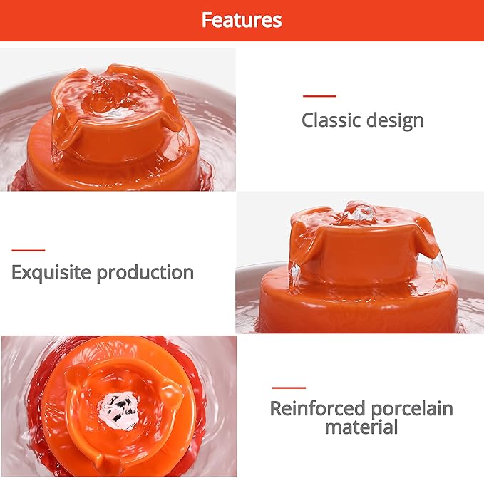 Ceramic Cat Water Fountain, 2.1L/71oz Pet Fountain for Dog and Cat, 3 Carbon Filters and 2 Water Pumps (Orange)