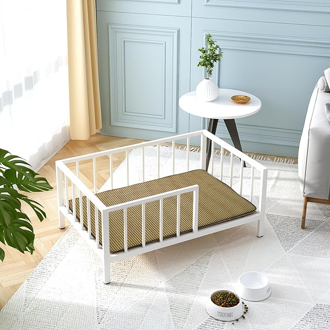 Dog Bed with Rails - Elevated Pet Metal Bed Frame with Solid Wood Board and Washable Soft Mat for Medium Dog Indoor or Outdoor Use, 25.2" x 37.8", White