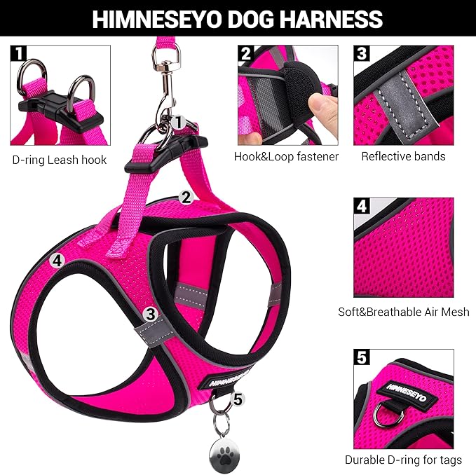 Dog Harness and Leash Set, Dog Harness for Dogs No Pull, No-Chock Step-in Reflective Breathable Lightweight Easy Walk Vest Harnesses with Safety Buckle for Small Medium Dogs, Cats (Rose red, XXS)