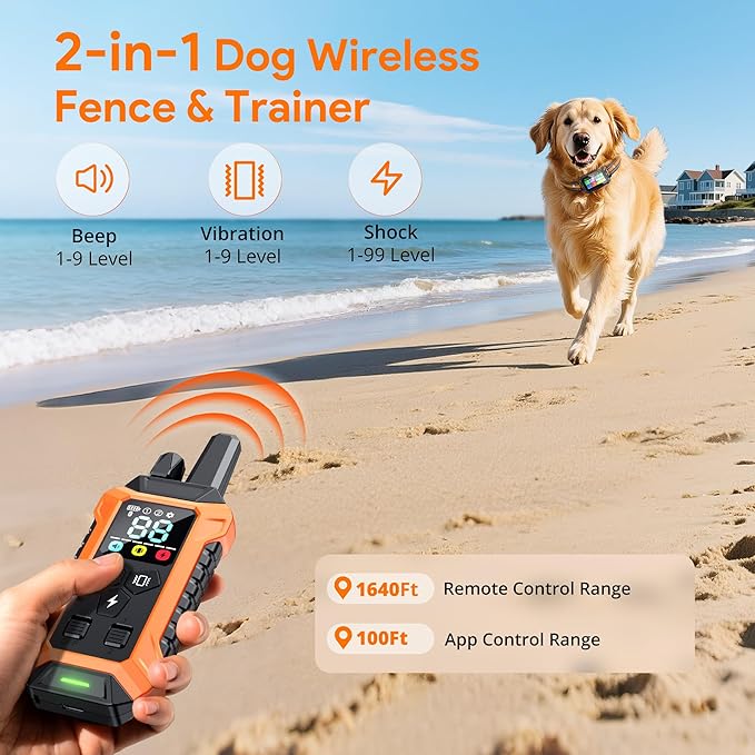 Meowant GPS Wireless Dog Fence System Collar with Training Remote, Free App, Custom Invisible Fence(82-7000ft), Beep/Vibration/Correction, Early Alert Band, Waterproof LCD Collar, Dogs 10+Lbs, Outdoor