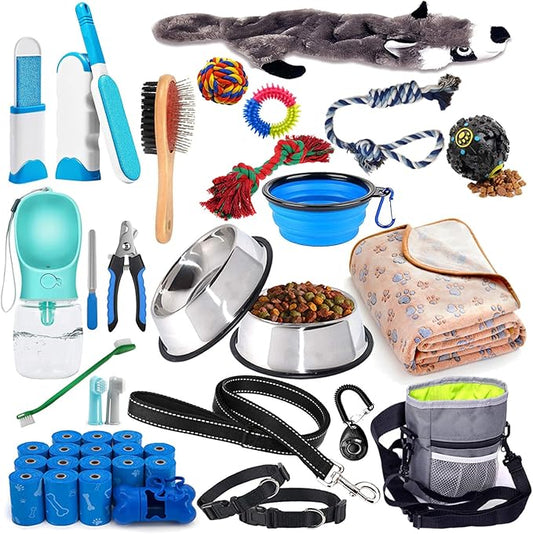Puppy Supplies Starter Kit - 39-Piece Set of Puppy Essentials and Dog Stuff. Includes Dog Leash, Toys, Bowl, Brushes, Water Bottles,and More. Perfect Welcome Home Gift for Your New Puppies