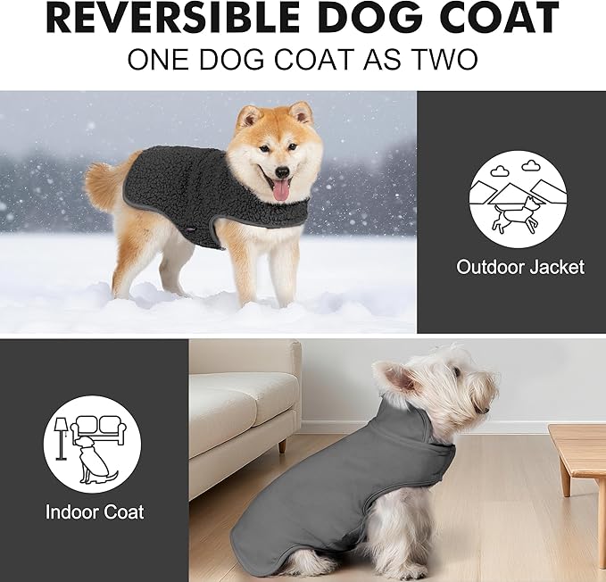 cyeollo 2XL Dog Coat, Sherpa Winter Dogs Sweater Warm Fleece Doggie Coats Turtleneck Reversible Jackets for Small Medium Large Dogs with Leash Hole, Soft Cold Weather Vest, Dark Grey XXL