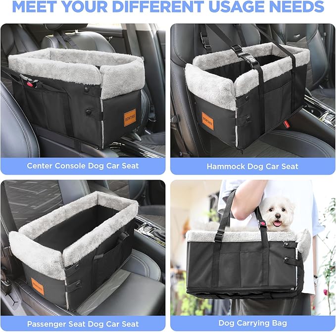 Center Console Dog Car Seat for Small Dogs,Washable Foldable Console Booster Seat for Puppy Car Seat with Safe Protection Hooks Adjustable Straps and Storage Pocket Pet Up to15lbs