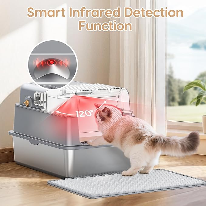 L7 Ultra-Stainless Steel Litter Box with Smart Odor Control, XXL Extra Large Enclosed Metal Cat Litter Box with Lid for Kitty&Big Cats, High Sided Enclosure with Scoop & Mat, Anti-Leakage-Grey