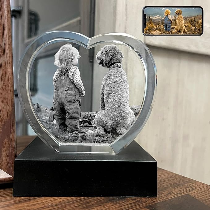Personalized Dog, Cat Memorial Gifts for Pet Owners. Gift Box Included, Customized Laser Etched Crystal Photo (Medium Heart)