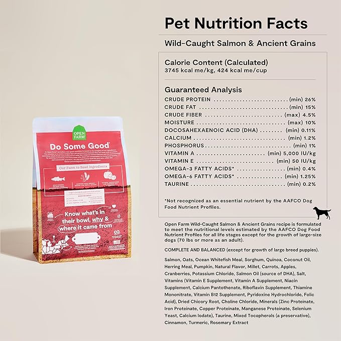Open Farm, Ancient Grains Dry Dog Food, Protein-Rich & Nutrient Dense, 90% Animal Protein Mixed with Non-GMO Fruits, Veggies and Superfoods, Wild Caugh Salmon Recipe, 11lb Bag