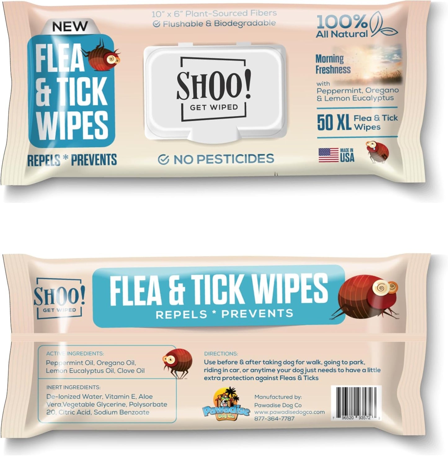 Shoo! Flea & Tick Wipes for Dogs | Convenient, Easy On-The-Go Protection | Plant Based, Natural Oils, Chemical Free | Repels & Prevents | 50 XL Wipes | (Morning Freshness)