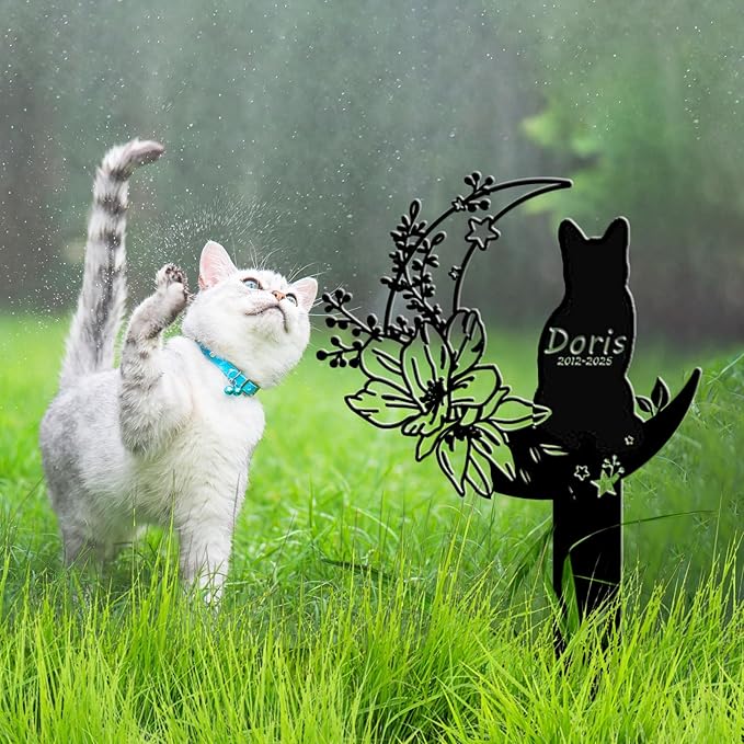 Custom Cat Grave Marker Cat Burial Stake, Personalized Butterfly Flowers Cat Memorial Garden Stake, Metal Cat Memorial Plaque for Outdoors, Customized Pet Headstone