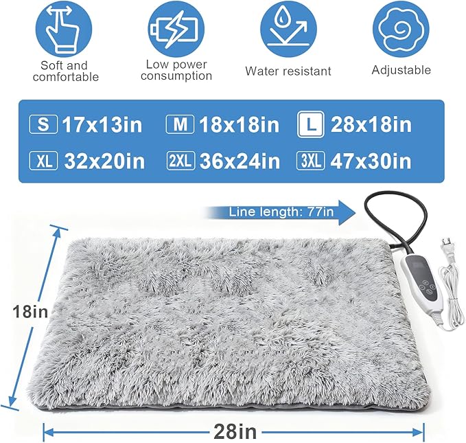 Puppy Heating Pad 28x18 in with Smart Thermostat Switch and Power Line Protection Tube,Obtained MET and UL Dual Certification,Waterproof Pet Heating Pad for Dogs - Gray
