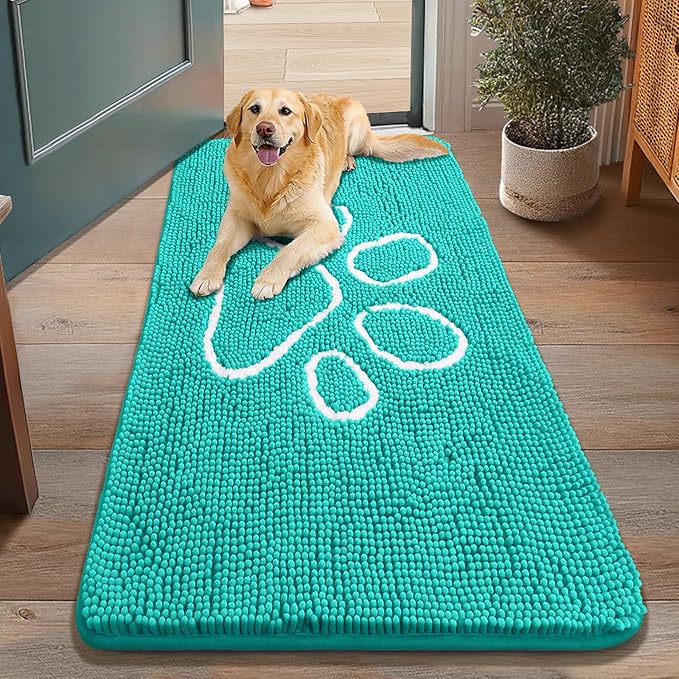 Smiry Dog Door Mat for Muddy Paws, Absorbent Dirt Trapper Non Slip Quick Dry Washable Chenille Mat for Mud Dogs, Entry Rug for Indoor and Outdoor (48x30 Inches, Turquoise)
