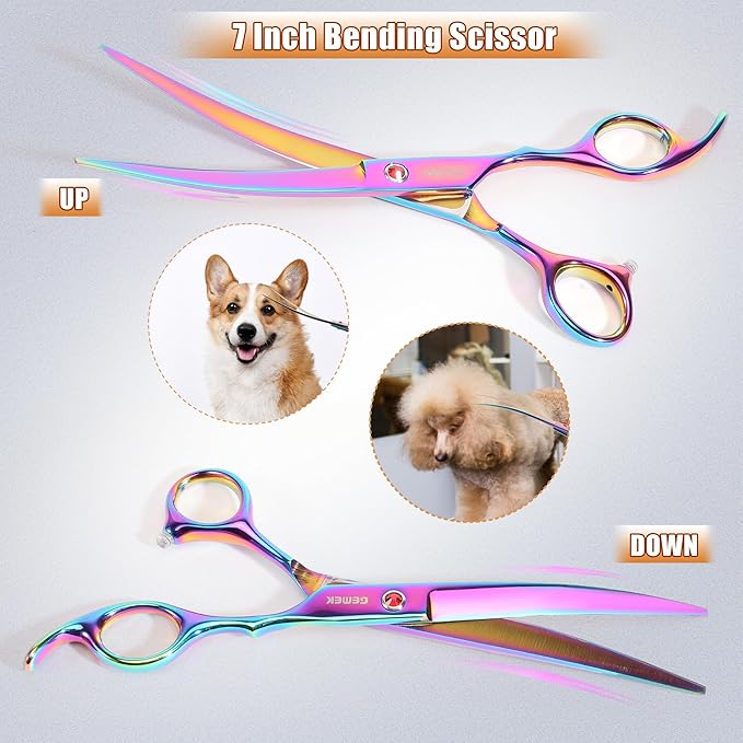 7.0in Titanium Rainbow Professional Pet Grooming Scissors Set, GEMEK 6 in 1 Straight & Thinning & Upwards Curved & Downwards Curved Scissors & Comb for Dogs, Cats (Rainbow)