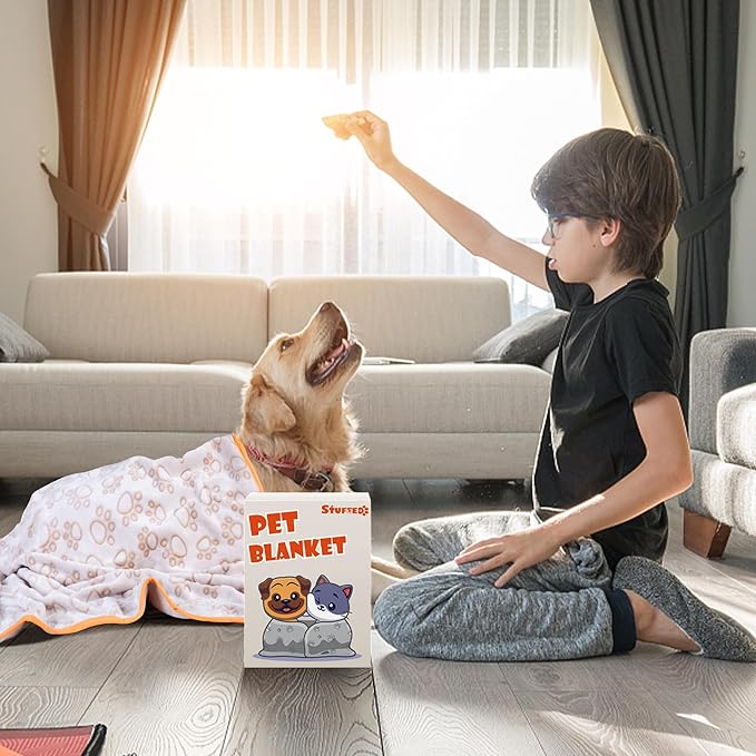 Stuffed Small Beige Premium Soft Dog Blanket, with Flannel Beige Cute Paw Print, 24 * 32 inches, Cat Blanket Puppy Supplies Poodle‌ Dog Products Stuff Essentials