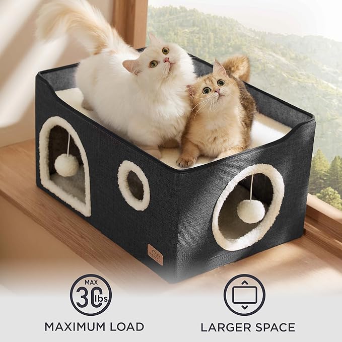 Bedsure Large Cat Beds for Indoor Cats - Extra Wide Cat Cube House for Small Pet with Fluffy Ball Hanging and Scratch Pad, Foldable Pet Cave Hideaway for Multiple Cats, 23.6x16.9x13 inches, Dark Grey