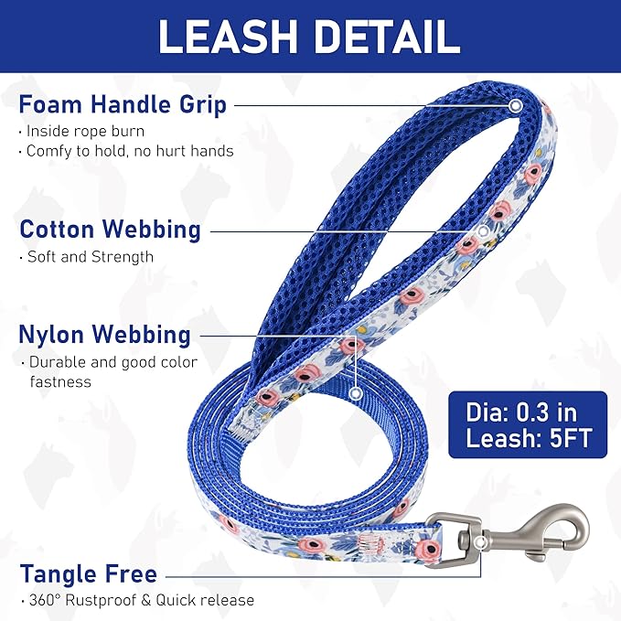 GAMUDA Small Dog Harness Collar and Leash Set, Step in No Chock No Pull Soft Mesh Adjustable Dog Vest Harnesses Plaid Reflective for Dogs Puppy Cats Kitten Rabbit (Blue Flower, M)