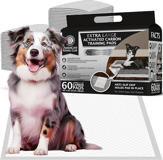 American Kennel Club Charcoal Puppy Training Pads, with Anti-Slip Adhesive Backing, Quick Dry Gel and Activated Carbon Odor Control (Charcoal, 60 Count - (XXL 28 x 34))
